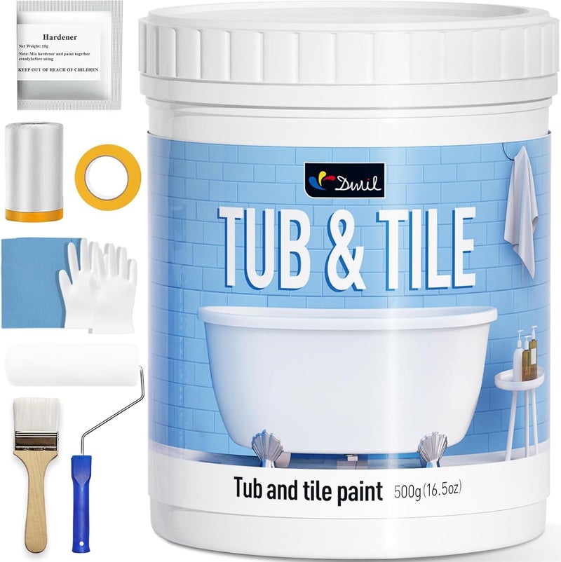DWIL Tile Paint, Tub and Tile Refinishing Kit with Tools, Water-based Bathtub Paint - Low Odor, Easy to Use, 25-30sq.ft, 16.5oz, Semi-Gloss White - Image 1
